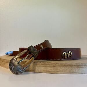 Leegin 1990 USA Brown Genuine Leather Animal Studded Western Belt Size Small